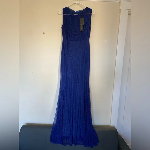 NEW! Long Blue Lace Floor Length Maxi Sleeveless Homecoming Dress Prom Gown - Picture 3 of 7